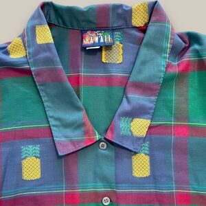 Vintage Cheryl Tiegs Pineapple Hawaiian Shirt Women's 12 Tropical Novelty Plaid